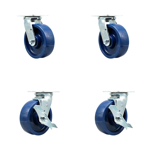 6 Inch Solid Polyurethane Swivel Caster Set with Ball Bearing 2 Brake SCC